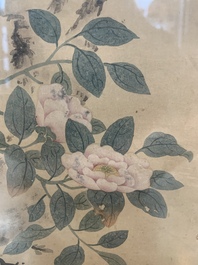 Chinese school: 'Four works with birds and insects near blossoming branches', ink and colour on paper, Republic