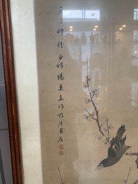 Chinese school: 'Four works with birds and insects near blossoming branches', ink and colour on paper, Republic