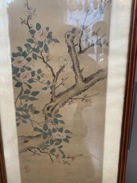 Chinese school: 'Four works with birds and insects near blossoming branches', ink and colour on paper, Republic