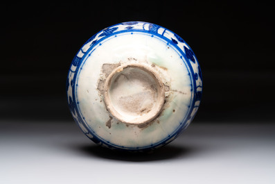 A polychrome Damascus tile, a Persian hexagonal tile and a blue-glazed bowl, 17/19th C.