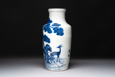 A Chinese blue and white 'He Lu Tong Chun 鶴鹿同春' vase, Tao Cheng Tang 陶成堂 mark, 18/19th C.