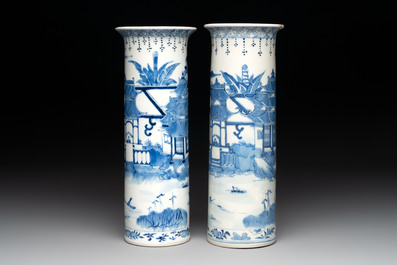 A Chinese blue and white garniture of five vases with landscape design, 19th C.