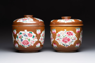 Two large Chinese famille rose capucin-ground covered bowls, Qianlong