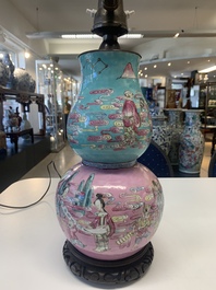 A Chinese famille rose double gourd 'Eight Immortals' vase mounted as a lamp, 19th C.