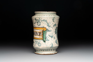 A polychrome Italian albarello inscribed 'RO. LAT: IND. MINOR', Montelupo, 17th C.