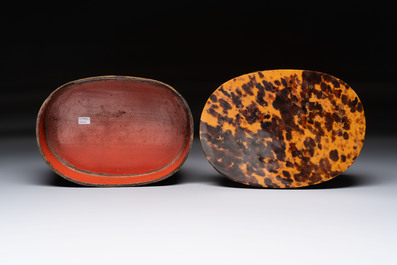 A fine and rare Chinese tortoiseshell-veneered and red-lacquered oval box and cover, signed Wang Wenzhi 王文治, Qianlong mark and of the period