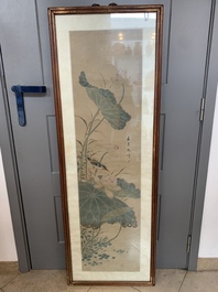 Chinese school: 'Four works with birds and insects near blossoming branches', ink and colour on paper, Republic