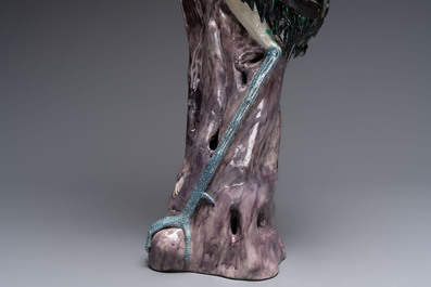 A rare and large Chinese polychrome-glazed crane on a rock, 18/19th C.