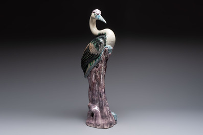 A rare and large Chinese polychrome-glazed crane on a rock, 18/19th C.