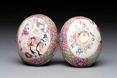 A Chinese Canton enamel 'Long Mu and a dragon' oval cosmetic box, 18th C.