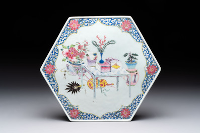 A Chinese famille rose hexagonal stand with antiquities, Yongzheng/Qianlong