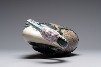 A rare and large Chinese polychrome-glazed crane on a rock, 18/19th C.