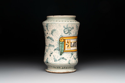 A polychrome Italian albarello inscribed 'RO. LAT: IND. MINOR', Montelupo, 17th C.