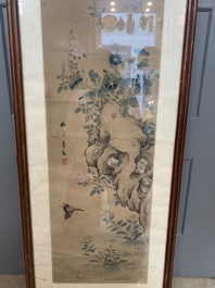 Chinese school: 'Four works with birds and insects near blossoming branches', ink and colour on paper, Republic