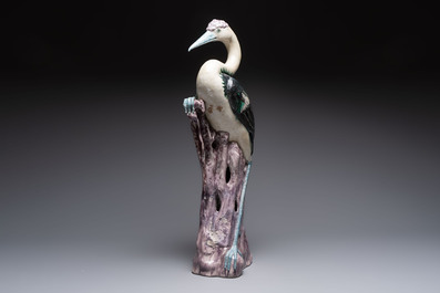 A rare and large Chinese polychrome-glazed crane on a rock, 18/19th C.