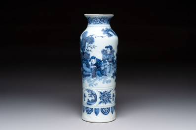 A blue and white Dutch Delft chinoiserie rouleau vase, 17th C.