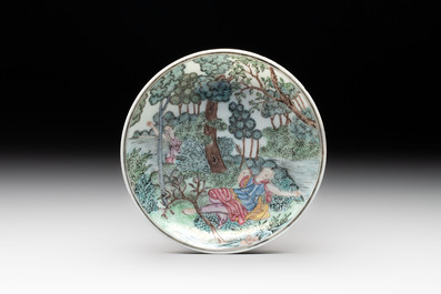A Chinese famille rose 'Procris and Cephales' cup and saucer, Qianlong