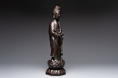 A Chinese bronze Guanyin standing on a lotus throne, 19th C.