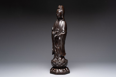 A Chinese bronze Guanyin standing on a lotus throne, 19th C.