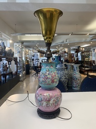 A Chinese famille rose double gourd 'Eight Immortals' vase mounted as a lamp, 19th C.