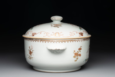 A Chinese famille rose armorial tureen and cover with the arms of van Beeftingh for the Dutch market, Qianlong