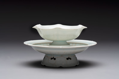 A pair of Chinese qingbai 'crane' plates and a tea bowl with stand, Song/Yuan