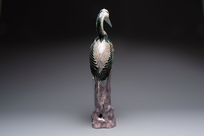 A rare and large Chinese polychrome-glazed crane on a rock, 18/19th C.