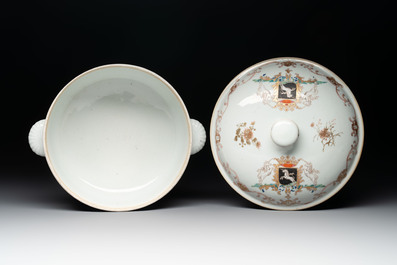 A Chinese famille rose armorial tureen and cover with the arms of van Beeftingh for the Dutch market, Qianlong