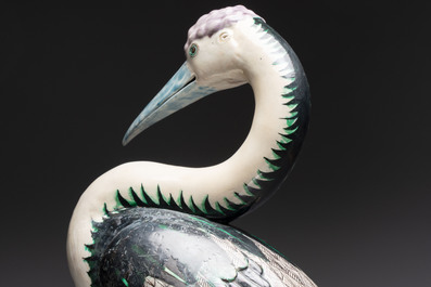 A rare and large Chinese polychrome-glazed crane on a rock, 18/19th C.