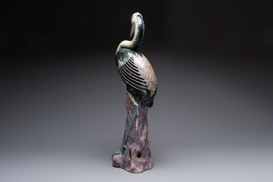 A rare and large Chinese polychrome-glazed crane on a rock, 18/19th C.