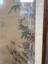 Chinese school: 'Four works with birds and insects near blossoming branches', ink and colour on paper, Republic