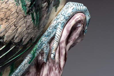A rare and large Chinese polychrome-glazed crane on a rock, 18/19th C.