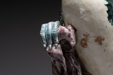 A rare and large Chinese polychrome-glazed crane on a rock, 18/19th C.