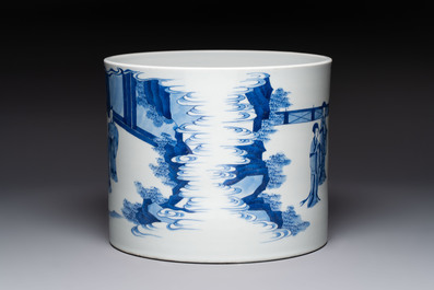 A large Chinese blue and white 'Li Jing Qu Qi 李靖娶妻' brush pot, 19th C.