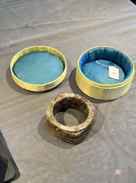 A Chinese archaic russet jade Liangzhu-style cong with a silk covered box, Liangzhu culture, Neolithic period or later