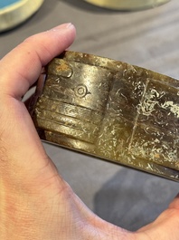 A Chinese archaic russet jade Liangzhu-style cong with a silk covered box, Liangzhu culture, Neolithic period or later