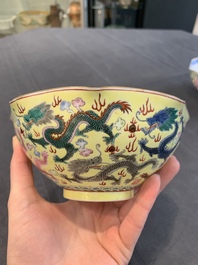 A pair of Chinese eggshell famille rose 'dragon' bowls, Qianlong mark, 20th C.