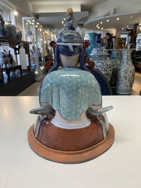 A Chinese famille rose sculpture of Buddha Amitayus on a stand, 19/20th C.