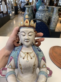 A Chinese famille rose sculpture of Buddha Amitayus on a stand, 19/20th C.