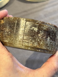 A Chinese archaic russet jade Liangzhu-style cong with a silk covered box, Liangzhu culture, Neolithic period or later