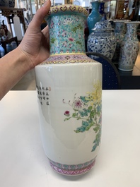 Three Chinese famille rose vases with figural and floral design, Qianlong mark, 19/20th C.