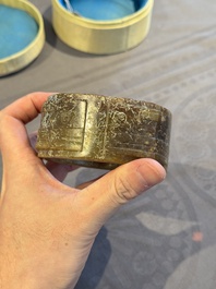 A Chinese archaic russet jade Liangzhu-style cong with a silk covered box, Liangzhu culture, Neolithic period or later