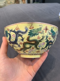 A pair of Chinese eggshell famille rose 'dragon' bowls, Qianlong mark, 20th C.