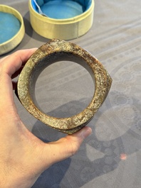 A Chinese archaic russet jade Liangzhu-style cong with a silk covered box, Liangzhu culture, Neolithic period or later