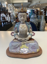 A Chinese famille rose sculpture of Buddha Amitayus on a stand, 19/20th C.