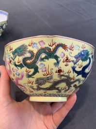 A pair of Chinese eggshell famille rose 'dragon' bowls, Qianlong mark, 20th C.