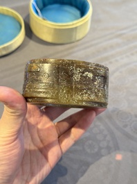 A Chinese archaic russet jade Liangzhu-style cong with a silk covered box, Liangzhu culture, Neolithic period or later