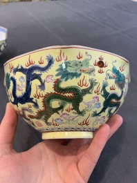 A pair of Chinese eggshell famille rose 'dragon' bowls, Qianlong mark, 20th C.