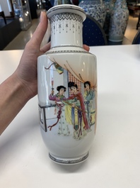 Three Chinese famille rose vases with figural and floral design, Qianlong mark, 19/20th C.