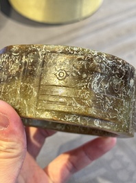 A Chinese archaic russet jade Liangzhu-style cong with a silk covered box, Liangzhu culture, Neolithic period or later